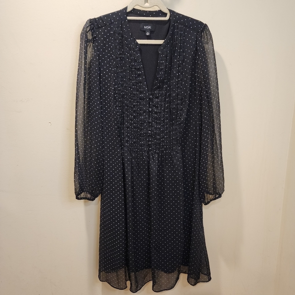 MSK Black and White Long Sleeve V-Neck Polka Dot Midi Dress Size 14